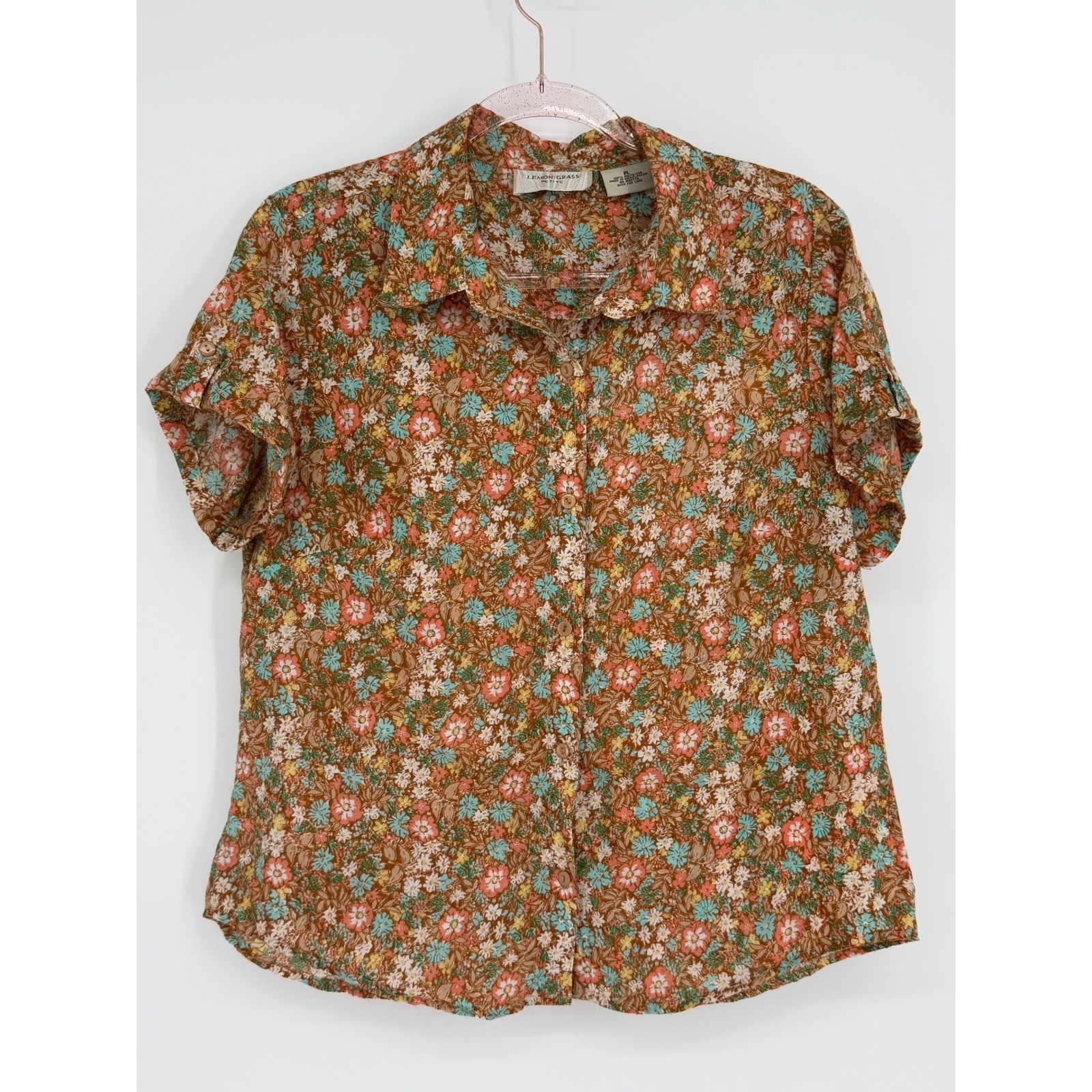 LEMON GRASS Petite Floral Print Button Up Short Sleeve Shirt Women’s Top