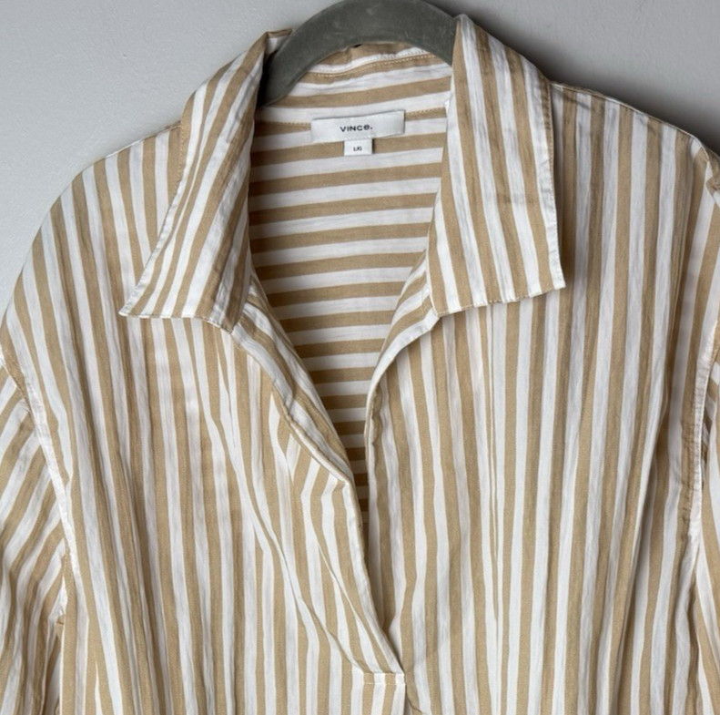 Vince. Popover Blouse Size Large Tunic Top 3/4 Sleeves V-Neck Tan White Stripes