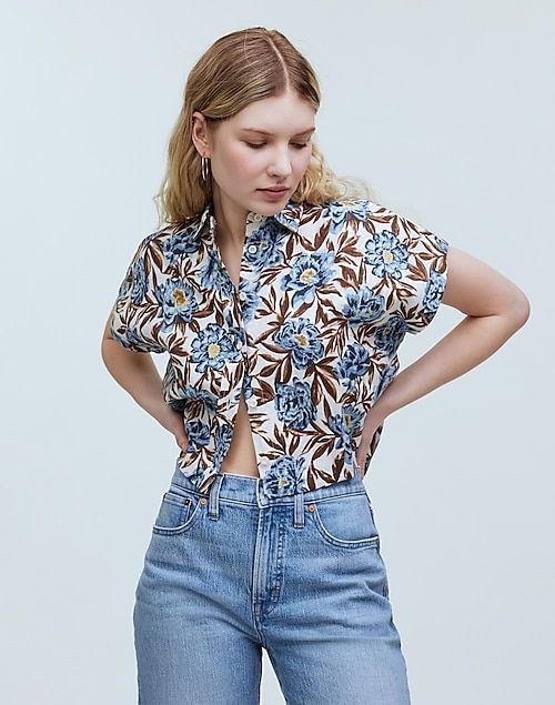 Madewell 100% Linen Button Down Short Sleeve Cropped Shirt Top Blouse XL