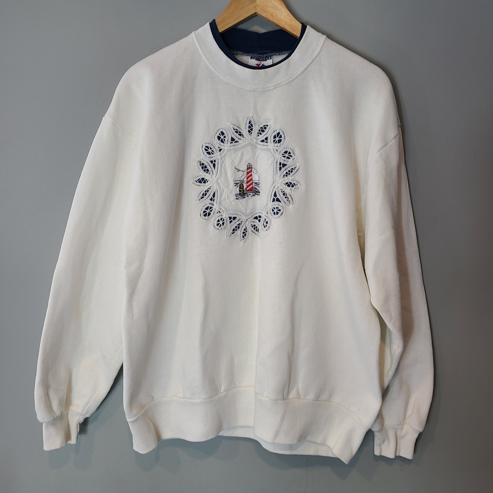 Vintage Lighthouse Coastal Sweatshirt White Nautical Womens Sz Large 90s Cottage
