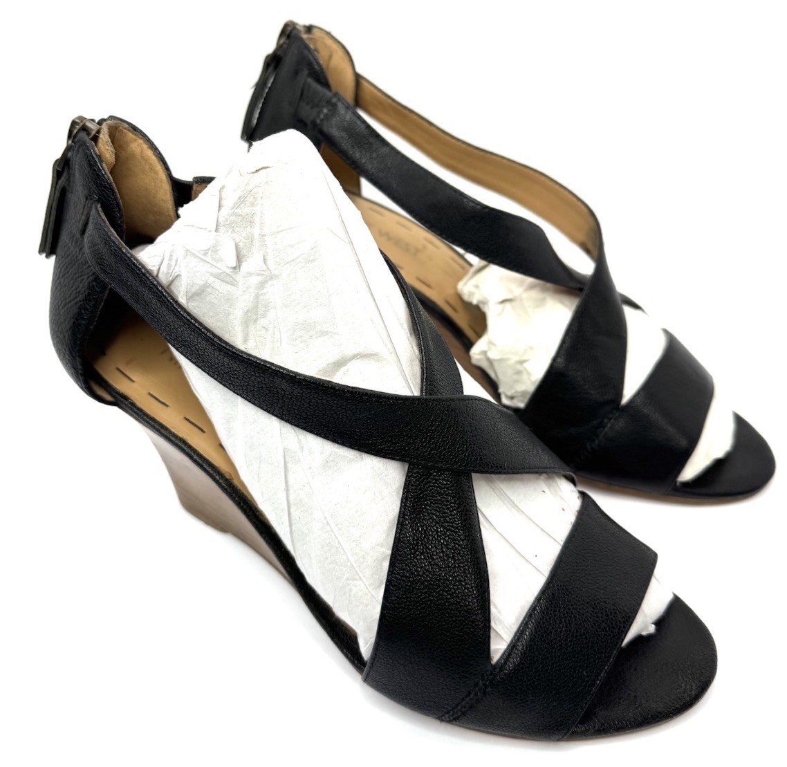 Nine West Women’s Black Leather Wedge Sandals Strappy Peep Toe Size 7M