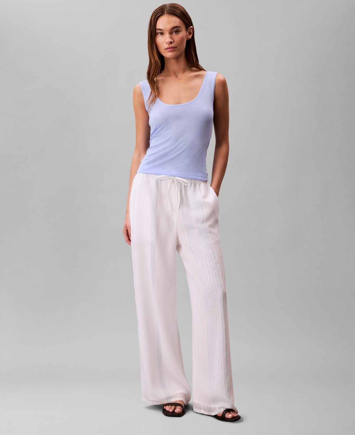 Calvin Klein Multi-Stripe Textured Wide-Leg Pants Women’s L Brilliant White