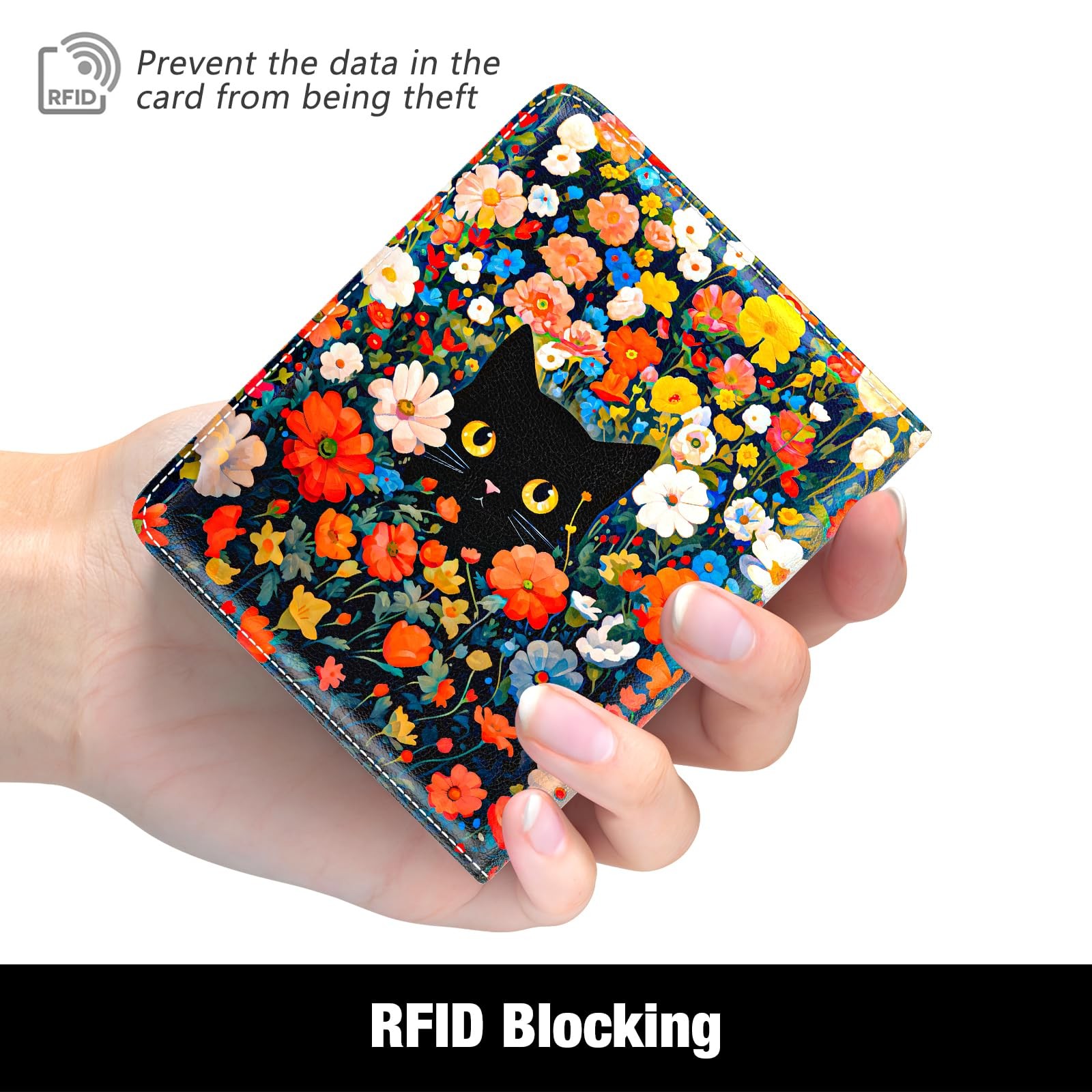 Rouidr Womens Wallet, RFID Small 4.3 x 3.6 x 0.6 inches, Colorful Flowers Cat