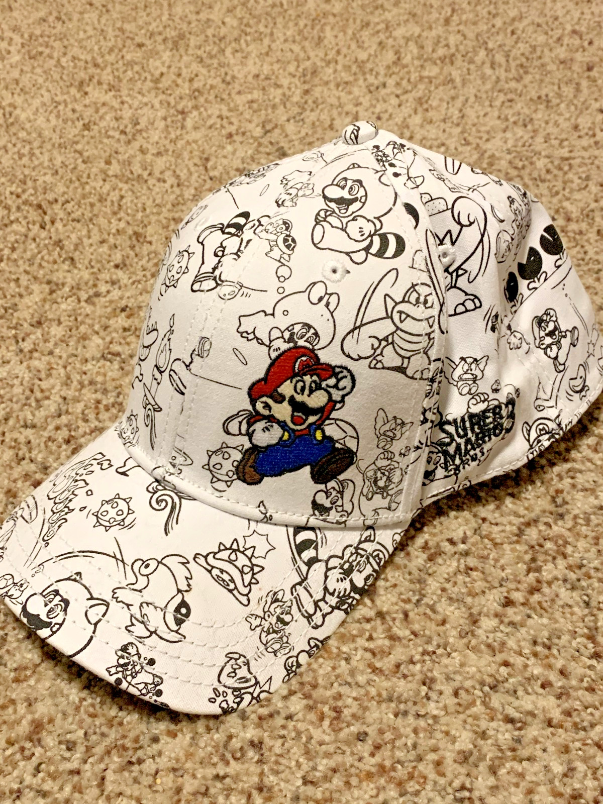 SUPER MARIO BROTHERS 3 BLACK WHITE ALL OVER PRINT FITTED HAT CAP 2008