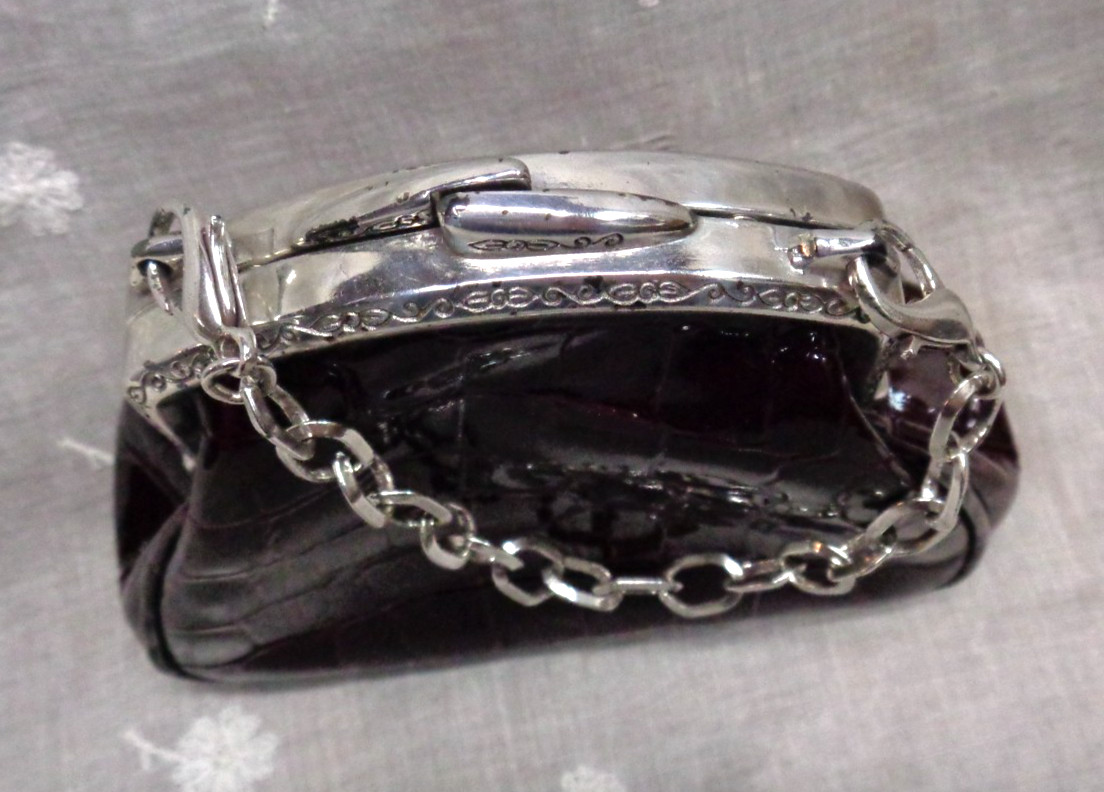 BRIGHTON Burgundy Dark Red Croc Accent Kisslock Short Chain Mini Purse