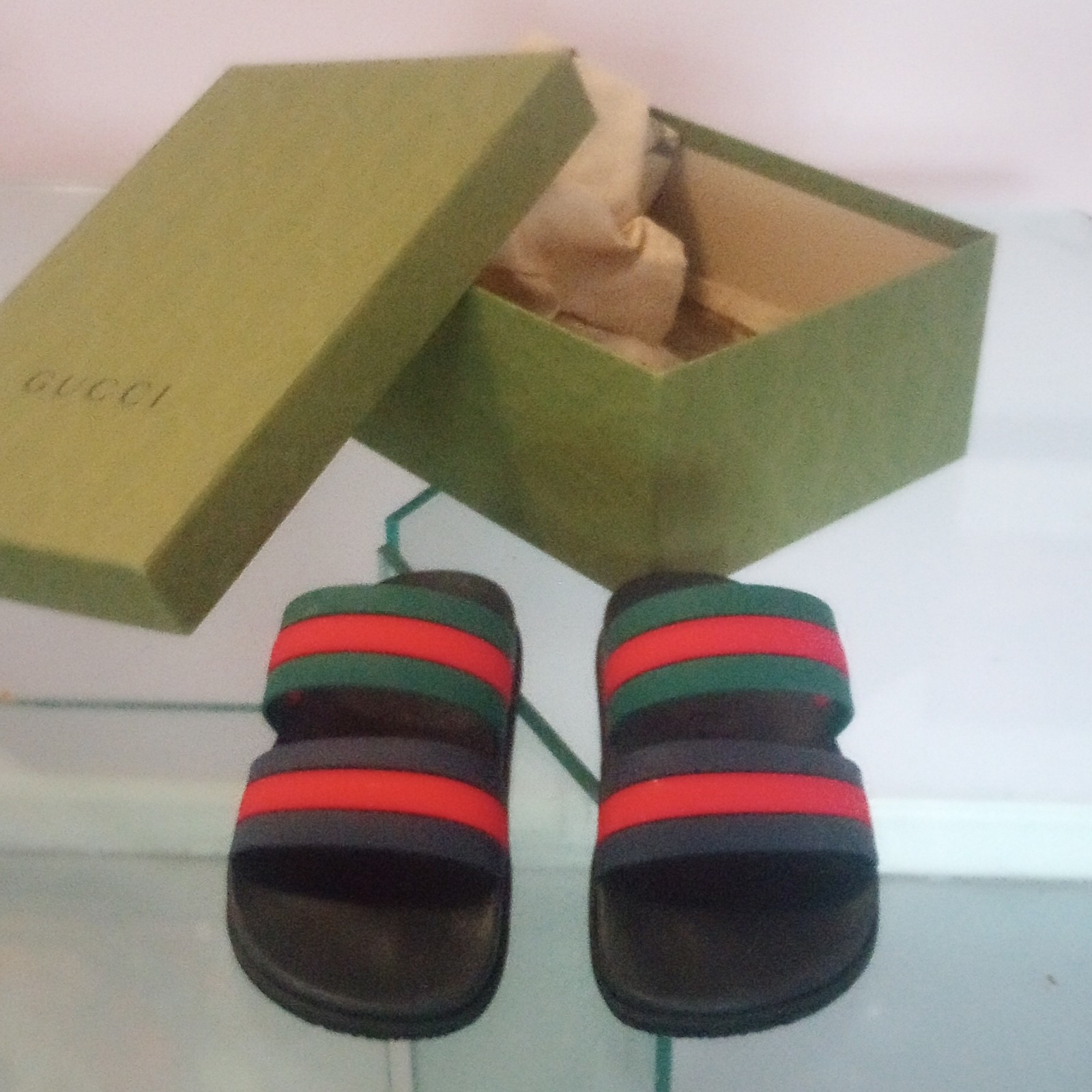 Gucci Men’s Web Stripe Logo Slide Sandals, Black/Green/Red Striped