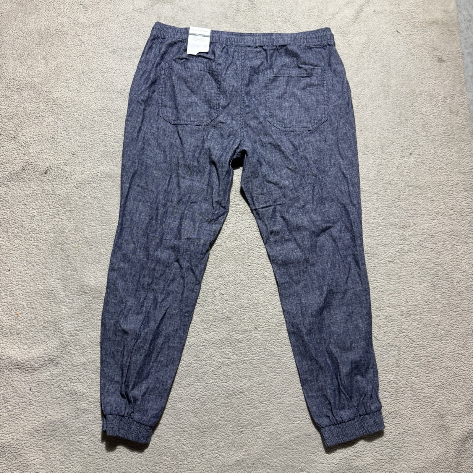 Sun + Stone Pants Mens Large Linen Joggers Basic Navy Stretch Drawstring 34×26.5