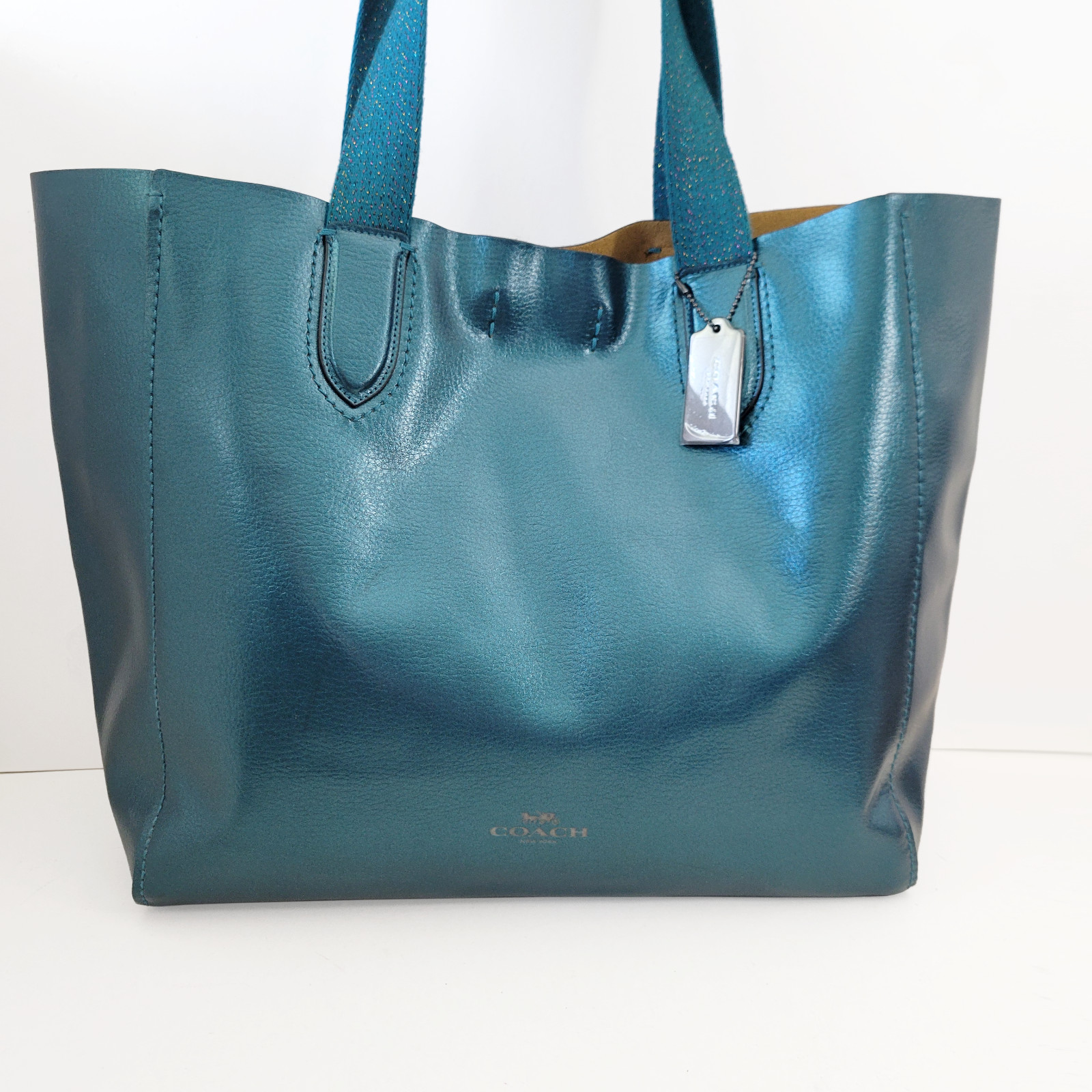 Coach Metallic LARGE DERBY Tote Bag Dark Teal Green Leather F59388 NEW msrp $350
