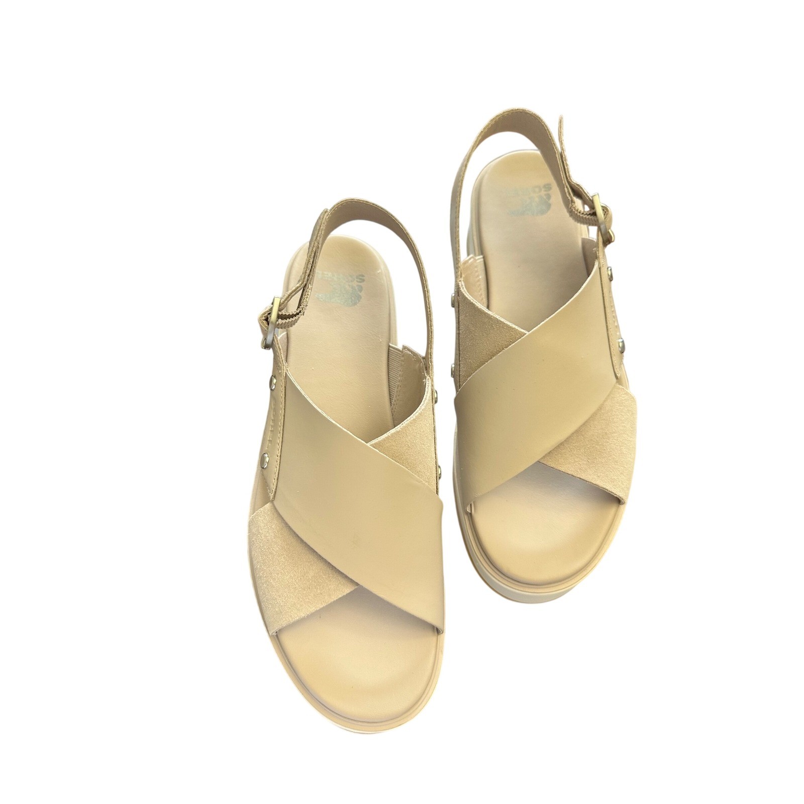 Sorel Cameron Flatform Sandals Beige Leather Suede Slingback Chunky Platform