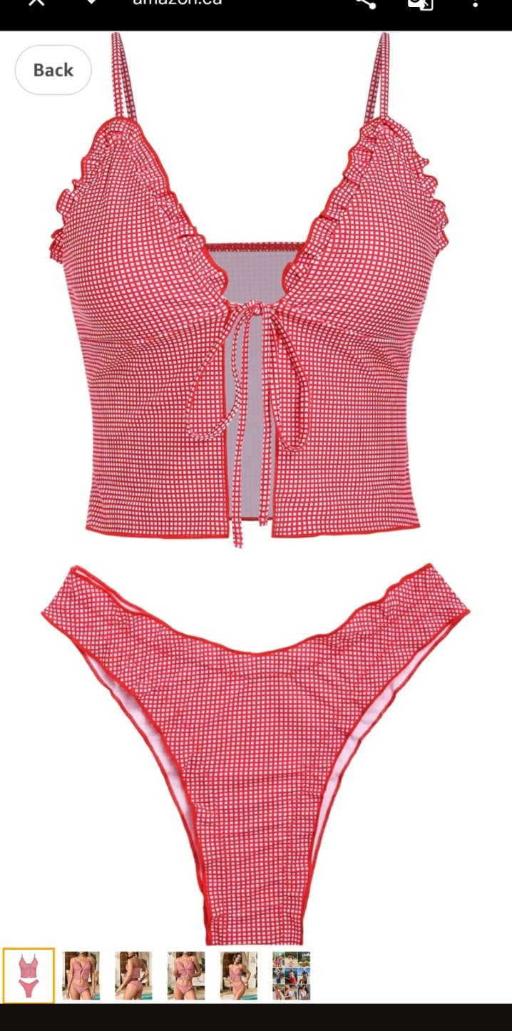 Seamoly Women’s Red & White Gingham Bikini 2-Piece Swimsuit L Bow Ruffle