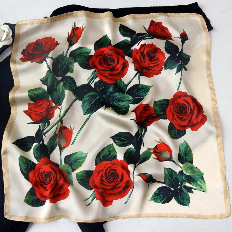 100% Silk Square Scarf Small Head Bandana Vintage Red Rose Kerchief Turban 53 cm