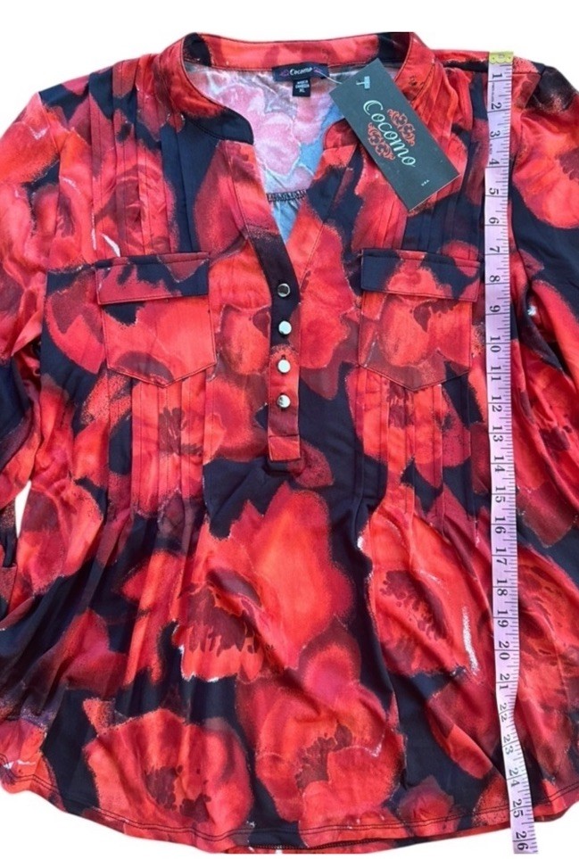 COCOMO XL Orange Red Black 3/4 sleeve women’s Pintuck Blouse Tunic shirt
