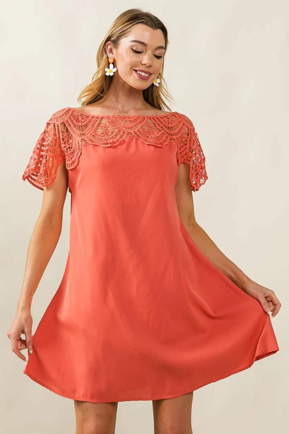 Crochet Lace Yoke Detailed Wrinkled Dress