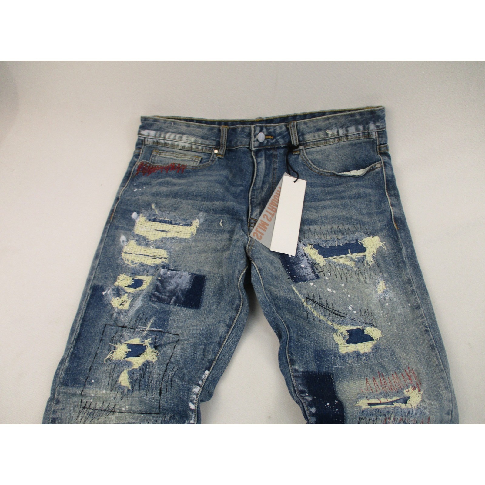 First Row Jeans Mens 36 Blue Slim Straight Distressed Patchwork Camo Utility