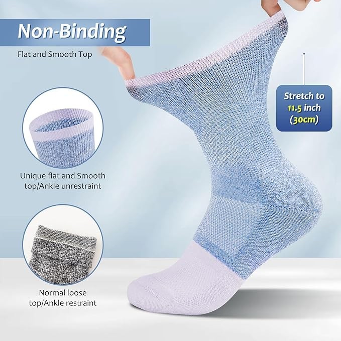 6 Pairs Diabetic Socks – Non-Binding Crew, Seamless Toe for Men/Women, Size 6–12