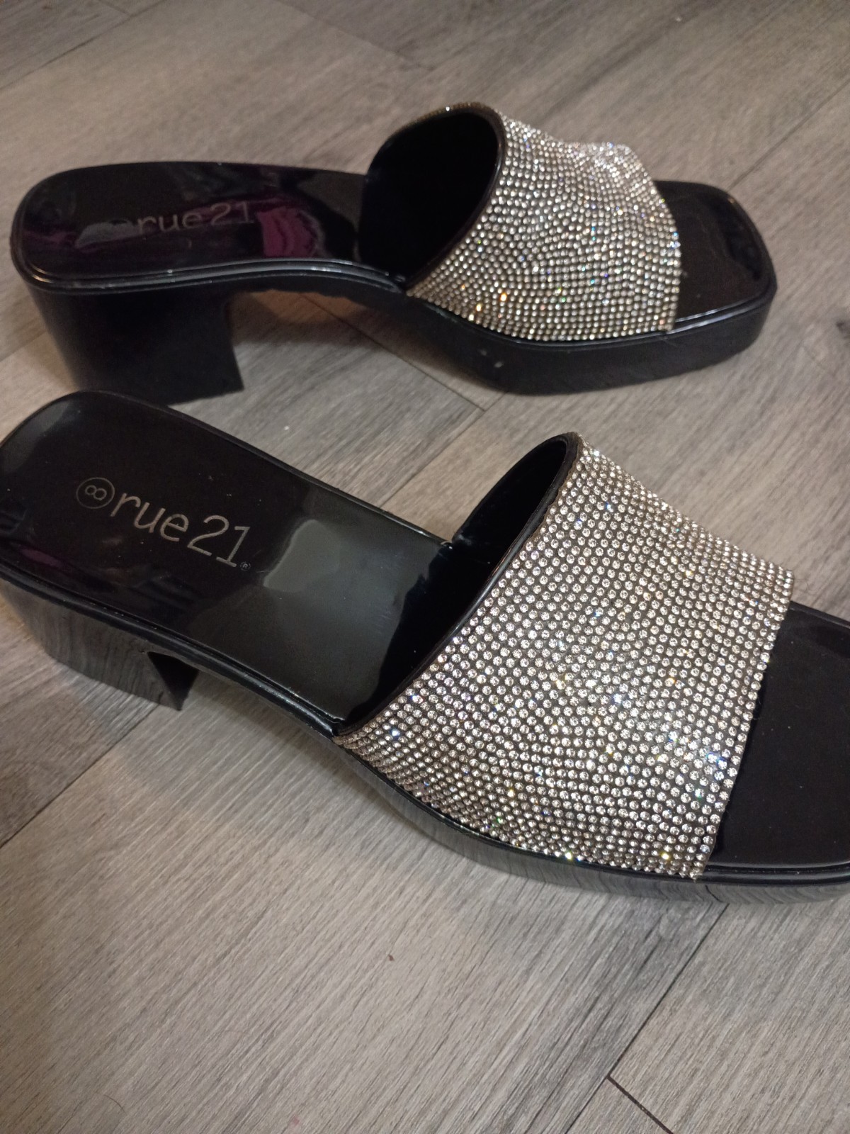 Black Slide Mules with Silver Crystal Band