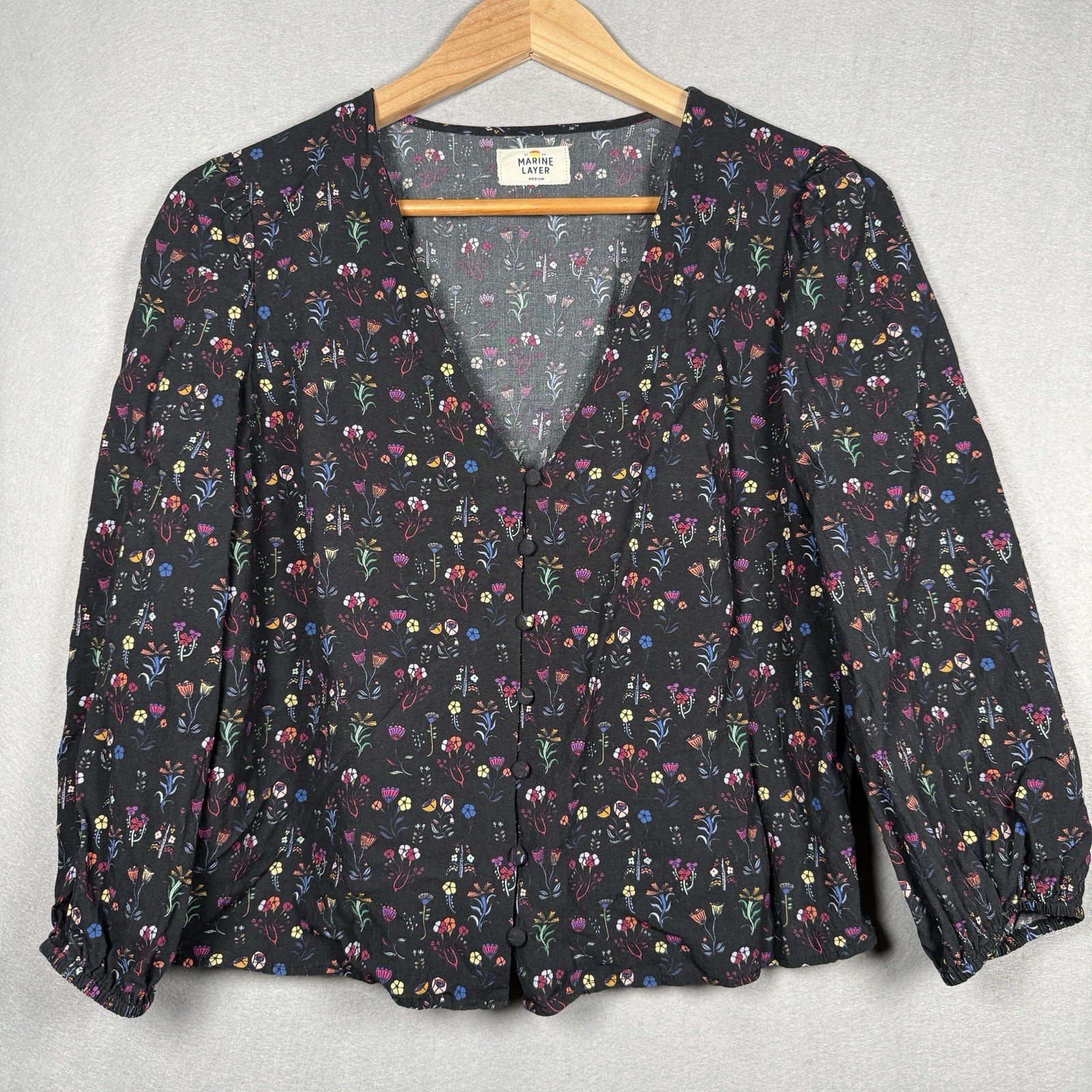 Marine Layer Stacy Floral Top Peasant Boho Cottage Dark Fairy Black Flowers Sz M