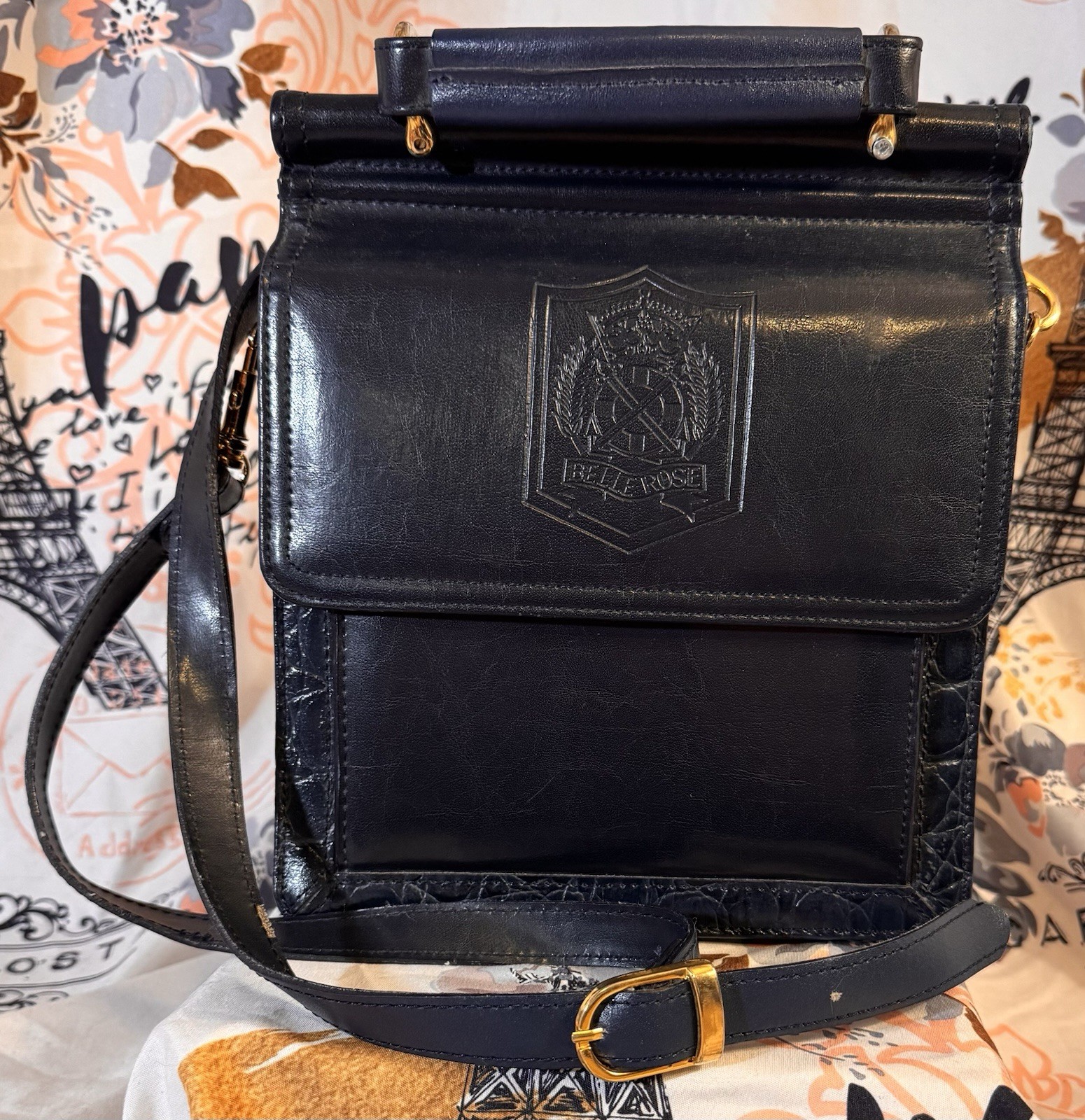 Vintage Belle Rose Navy Satchel Top Handle Bag Detachable Strap, Floral Lining