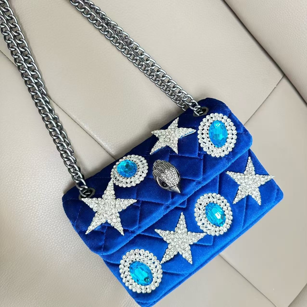 Kurt Geiger London Cobalt Velvet Quilted Crossbody Silver Eagle Star 20×8×15 cm