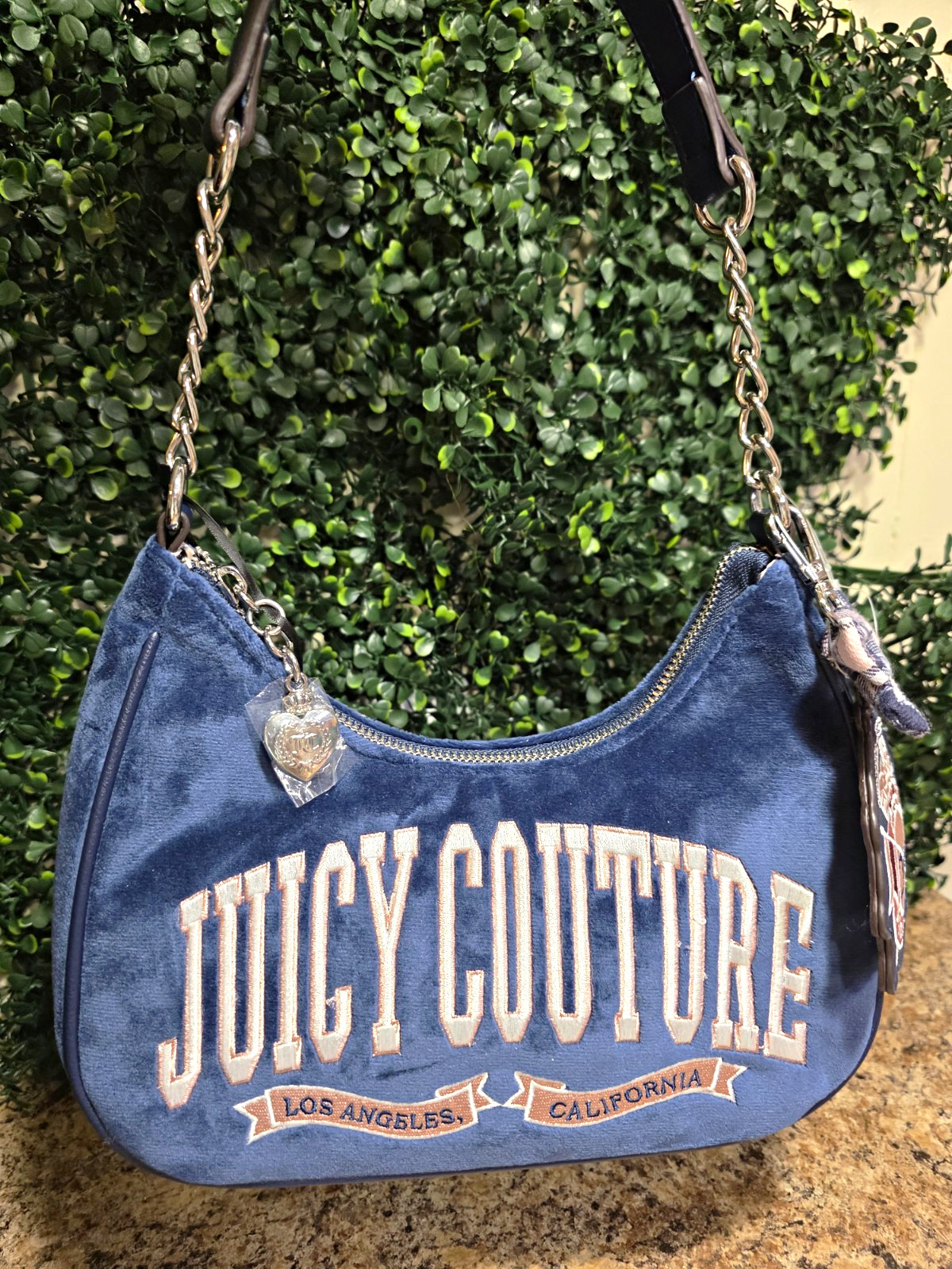 Juicy Couture Blue Logo Crescent Shoulder Bag Chain Strap Charm Zip Medium