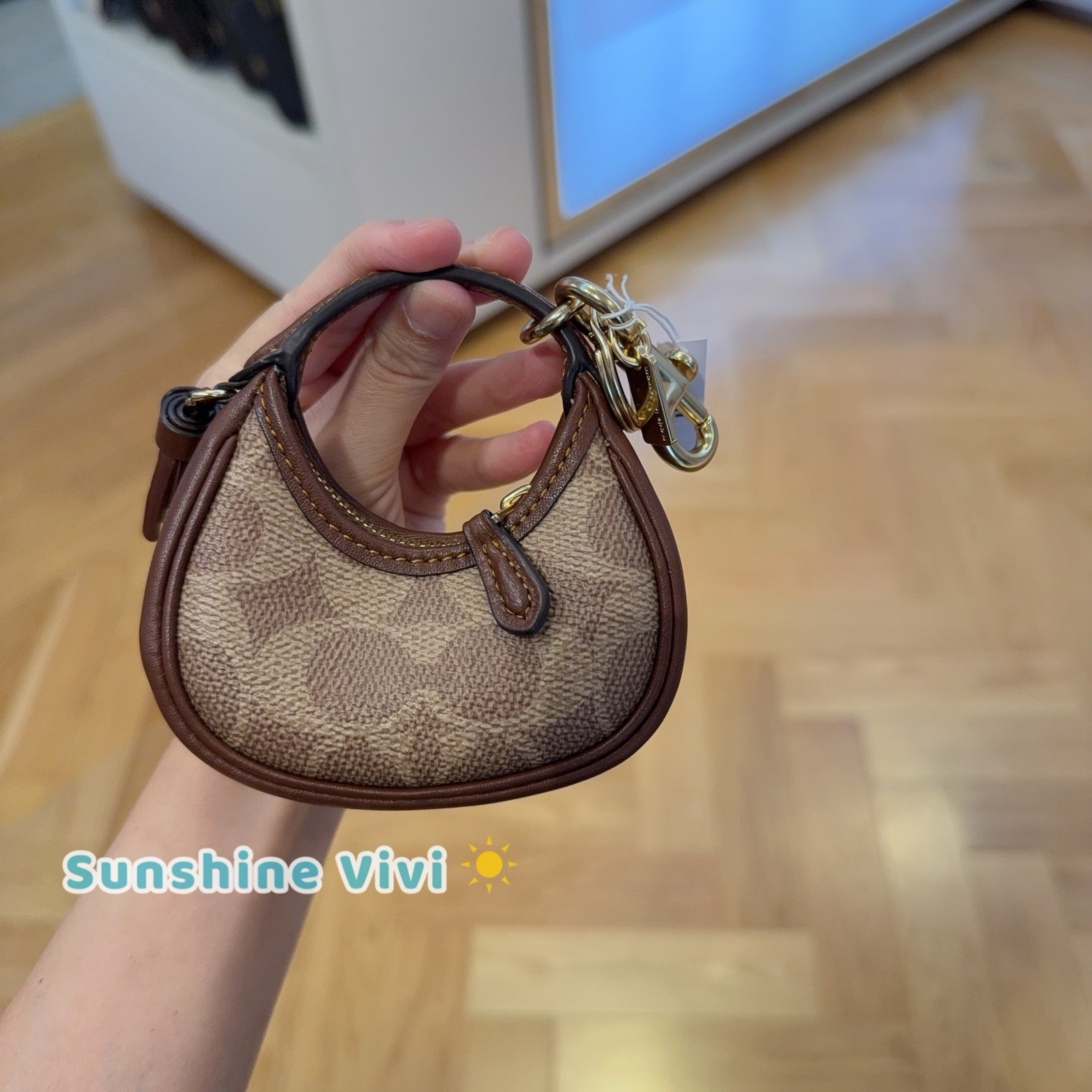 NWT Coach Mini Carmen Bag Charm In Signature Canvas Gold/Tan/Brown CBK67
