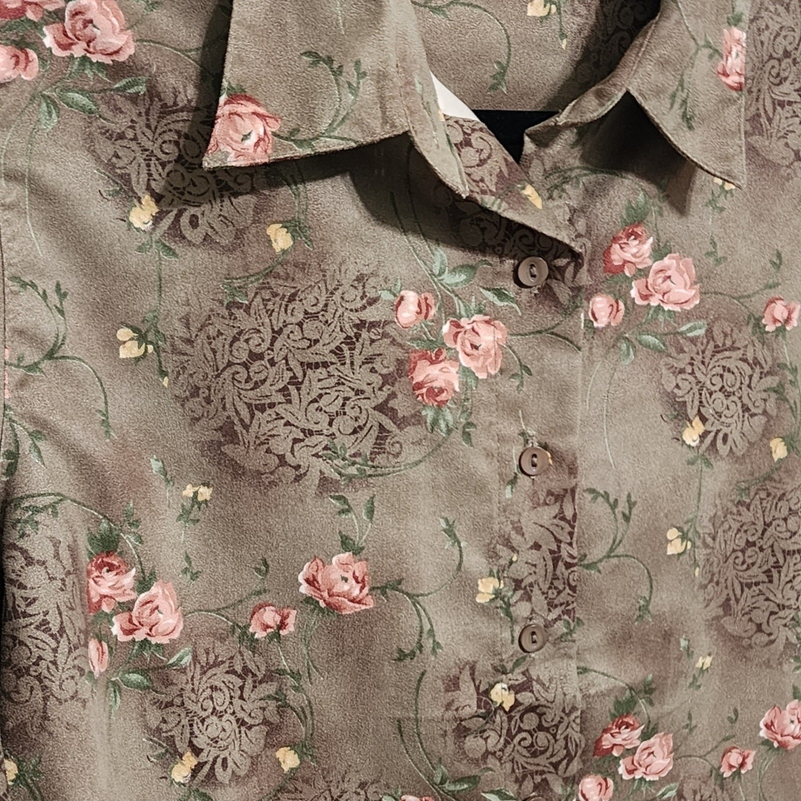 Vintage Button Up Top Lp Green Floral Faux Suede Cottagecore Forest Fairy Grunge