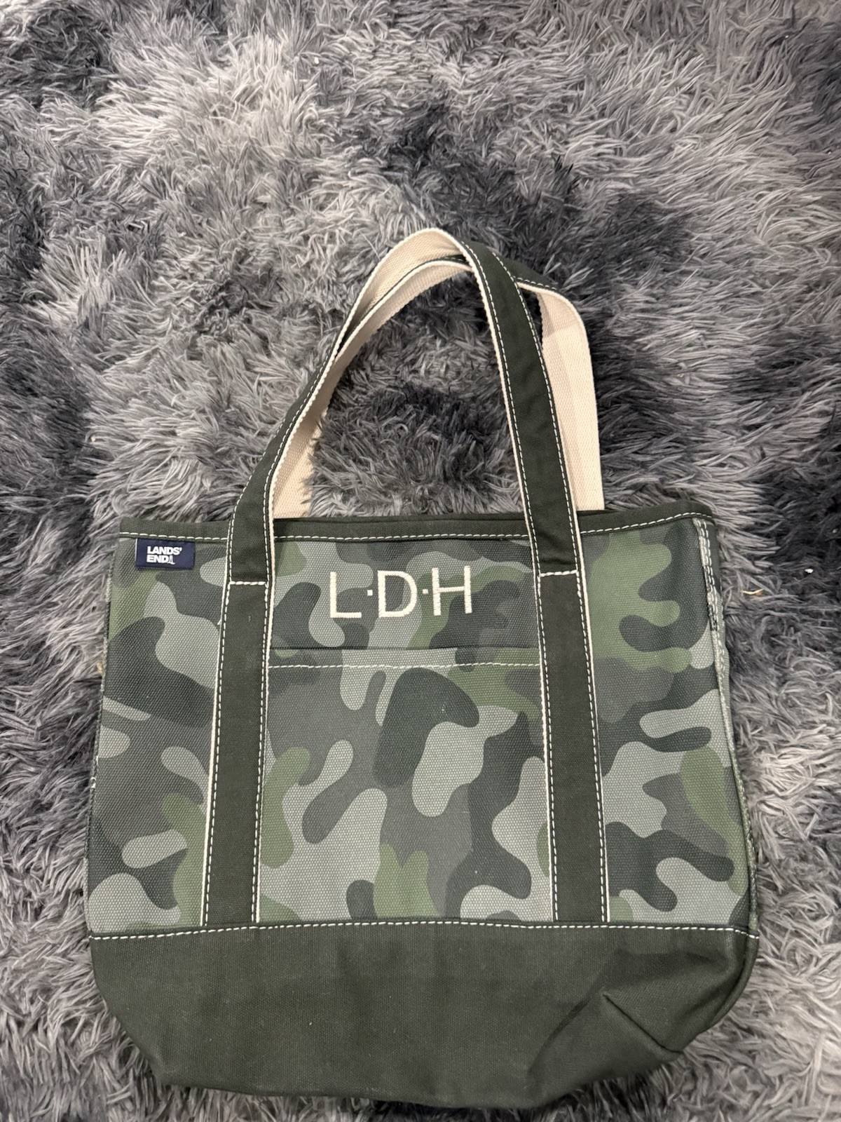 Lands’ End Camouflage Tote Bag Embroidered Applique Hot Stamped Green Beige