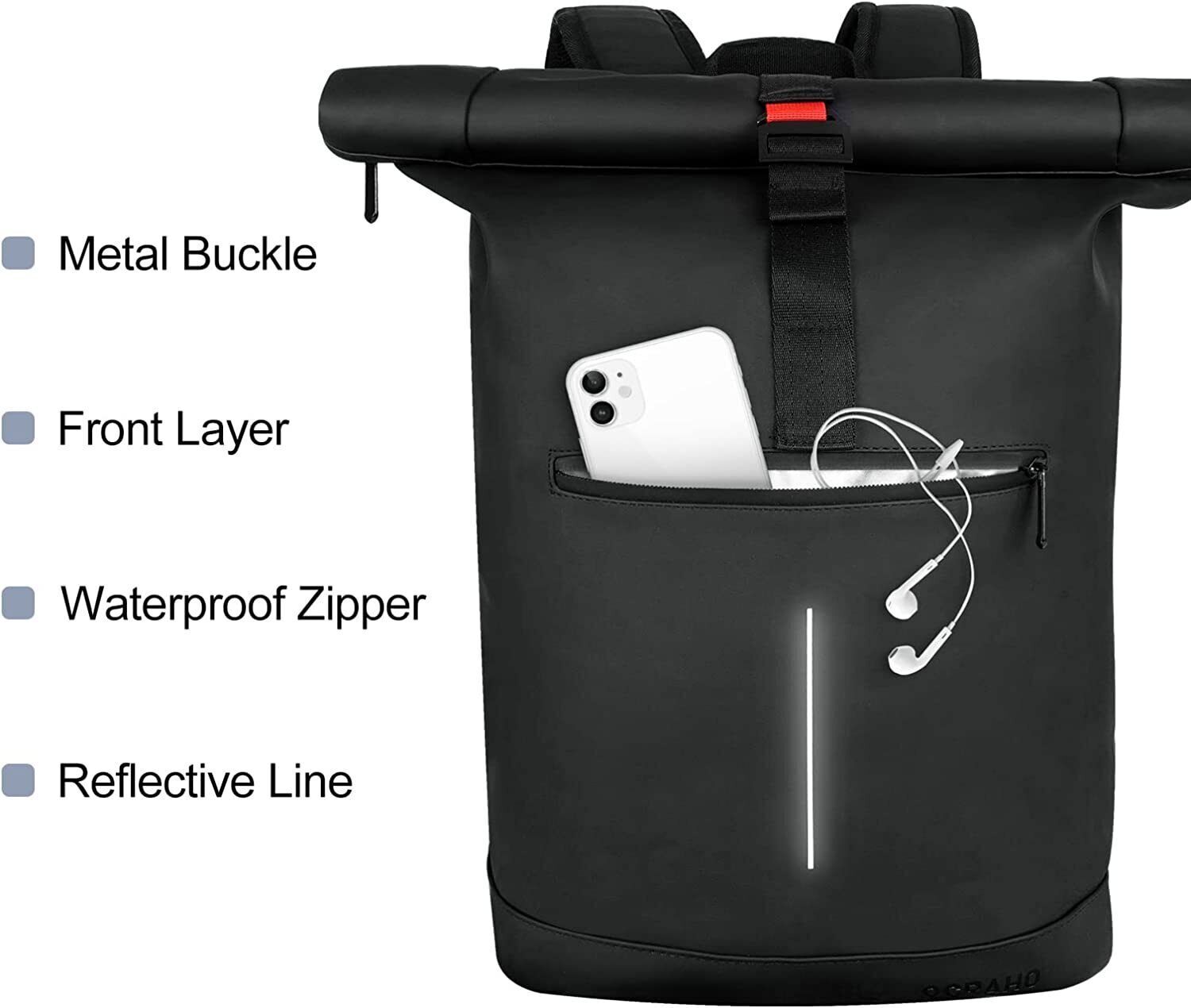Rolltop Backpack Water Resistant for School University Work Fits 17 inch Laptop