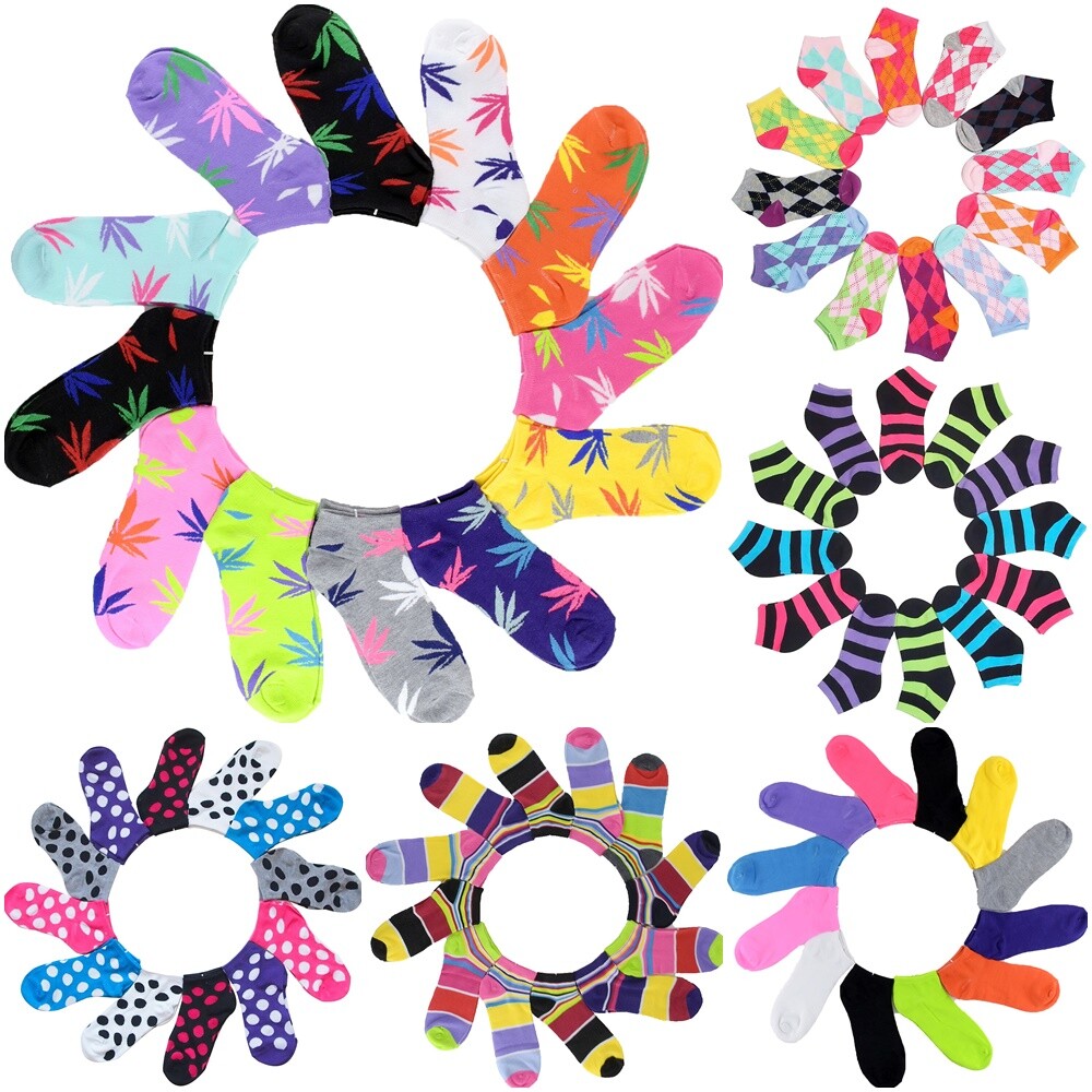 6-12 Pairs New Fashion Cotton Women Girls Ankle Low Cut School Casual Socks 9-11