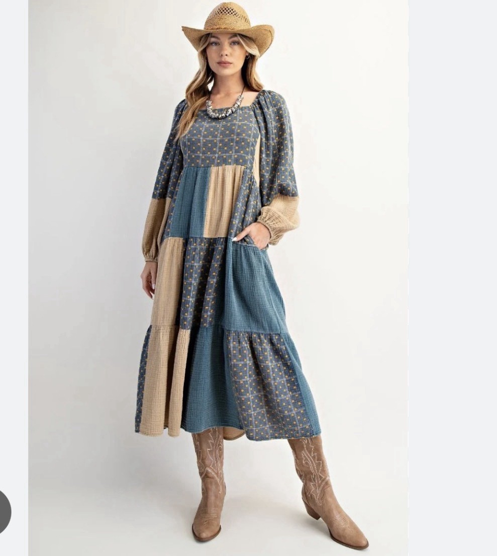 ED27367 Teal Khaki Patchwork Washed Cotton Gauze Dress