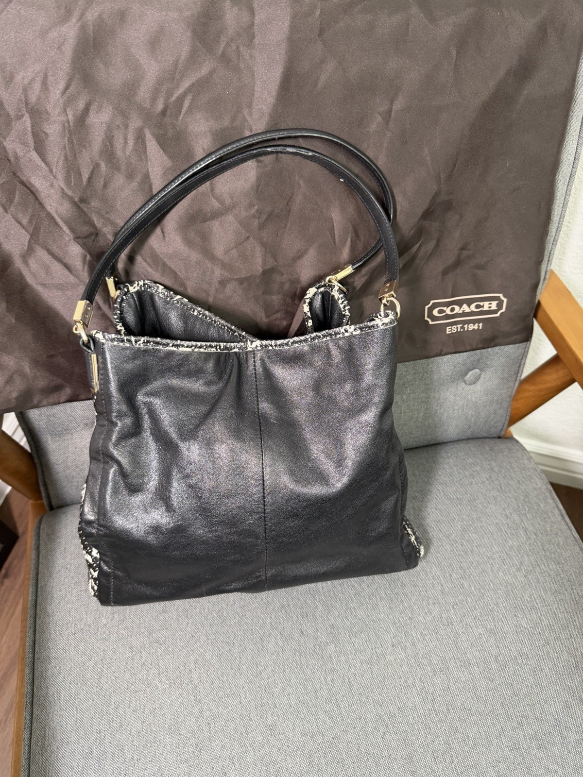 Coach Madison Phoebe handbag featuring black leather sides & 2 tone python