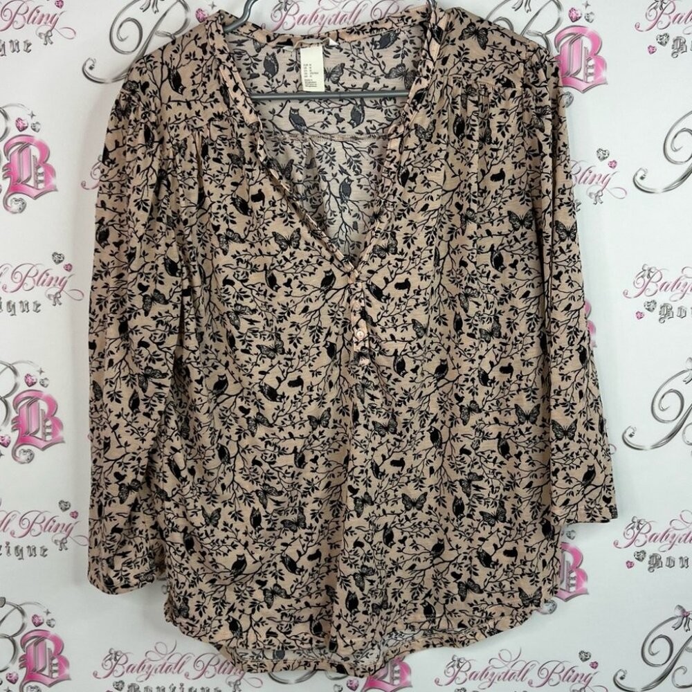 H&M button up long sleeve owls birds butterfly 🦋 Floral Print Women’s Top
