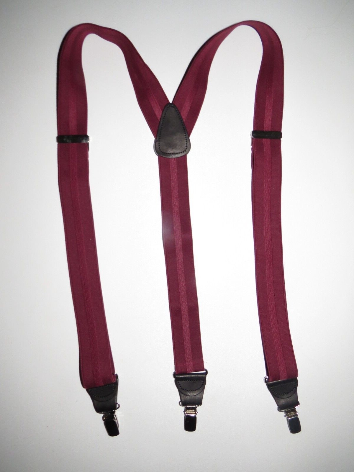 Men’s Suspenders – Y Style Hi Lite Burgundy Stripes, Leather with Clip, USA Made