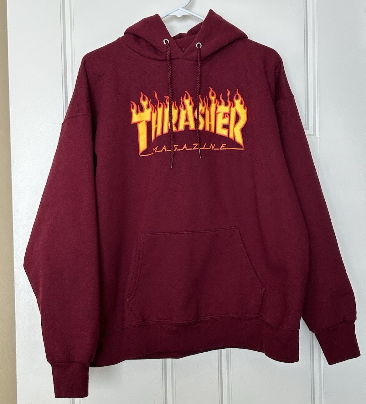 Vintage THRASHER Hoodie Sweatshirt Maroon Skateboard Magazine Flames L Large