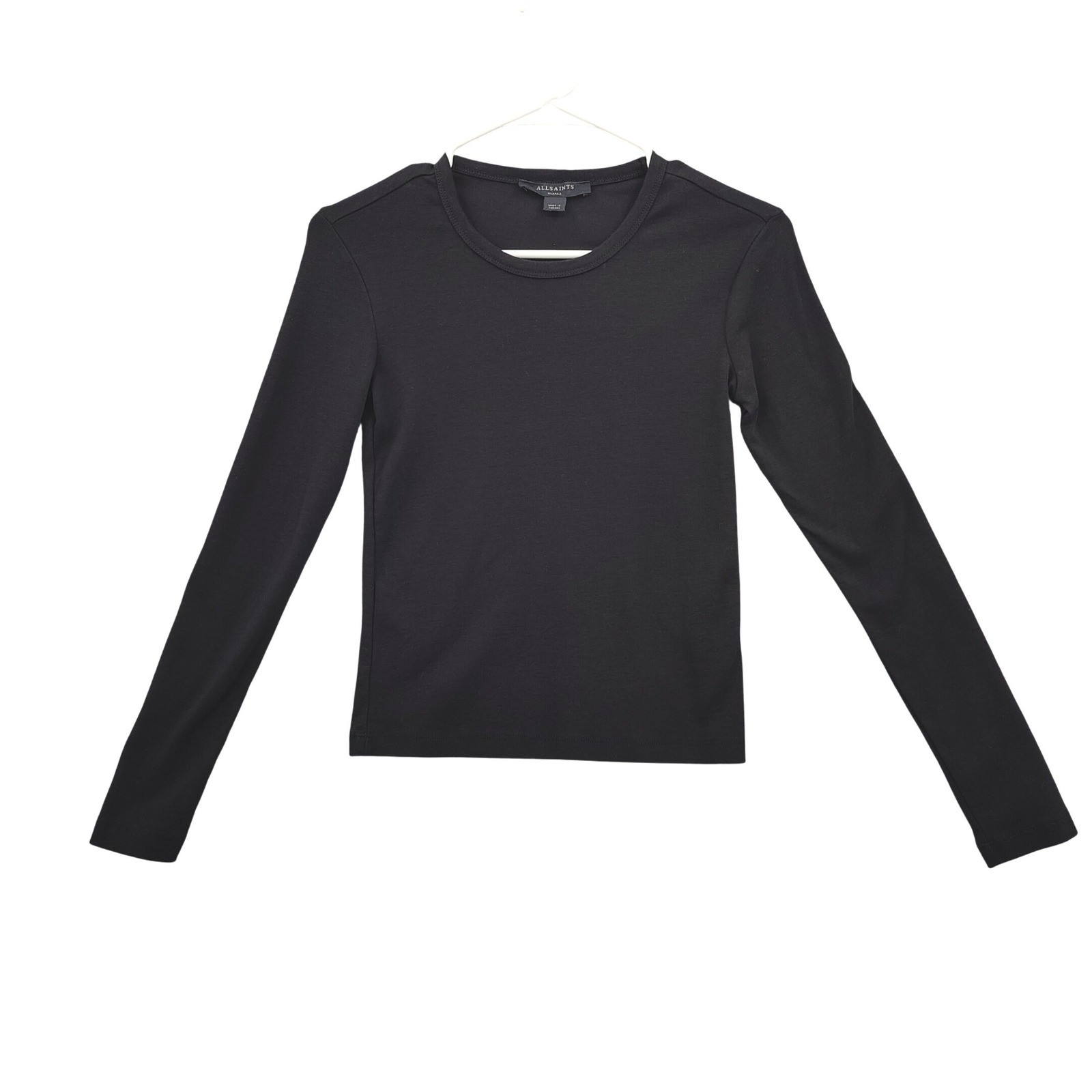 AllSaints Womens Minimalist Grunge Luxe Stevie LS Tee S Black Organic Cotton Top