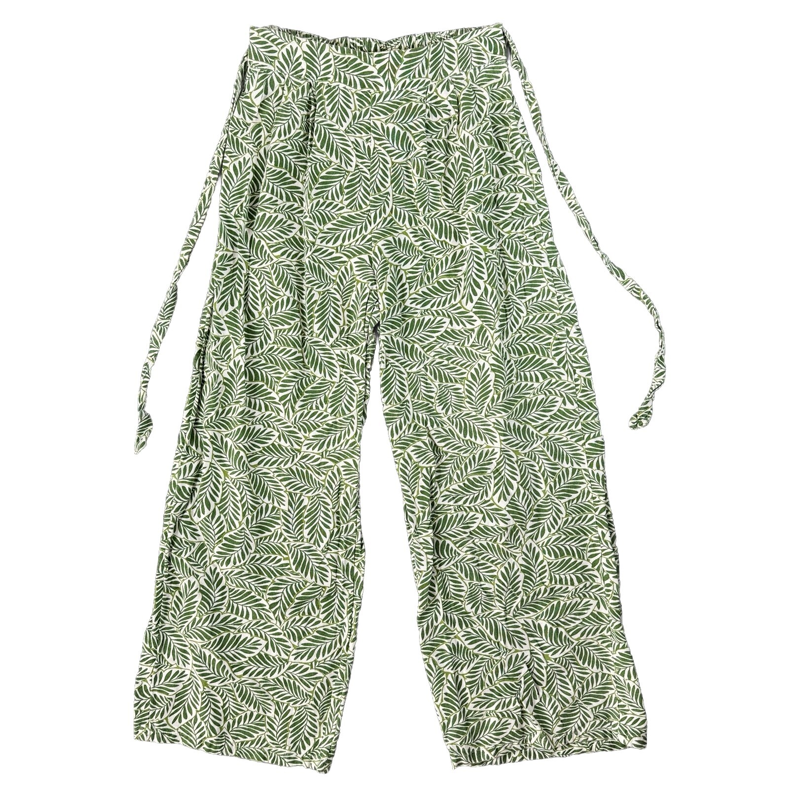 Midnight Sky Linen Pants Small Green Wide Leg Tropical Ankle High Rise Floral