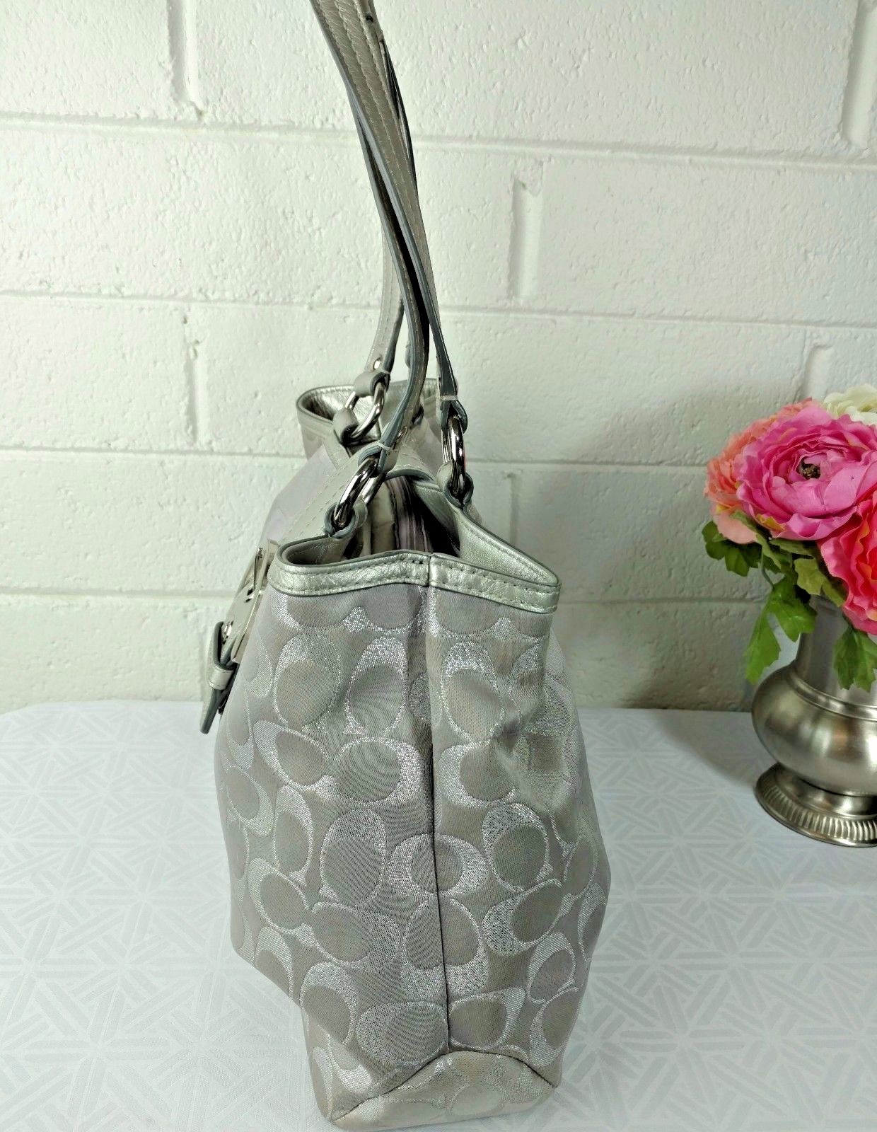 COACH TOTE SILVER SIGNATURE C JACQUARD/ LEATHER No. F18912 SATCHEL HANDBAG