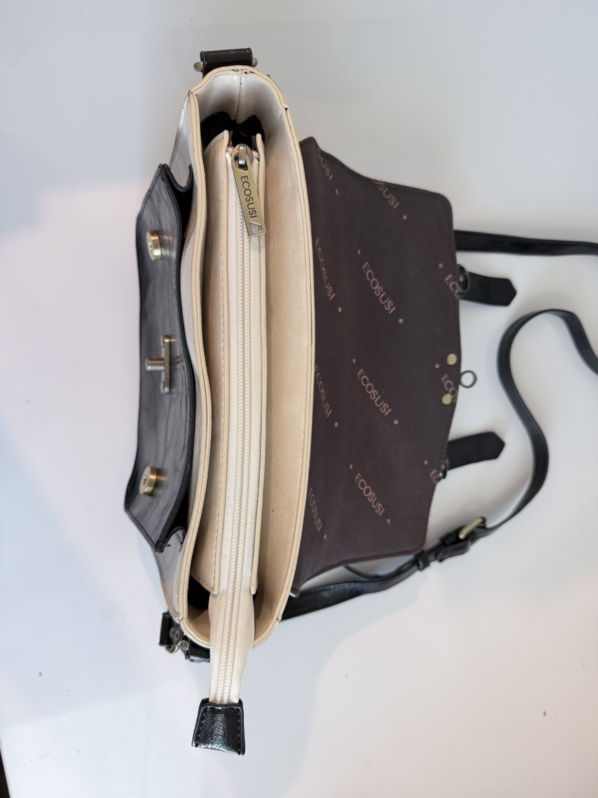 ECOSUSI Beige Black Satchel Crossbody Bag Vintage Style Top Handle Purse