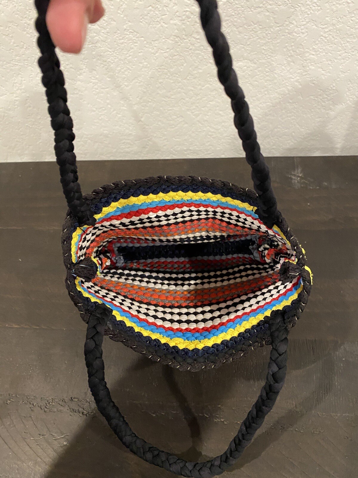 Hand Crocheted Small Purse Striped Multicolor 7 1/2 In Tall 8 In Wide