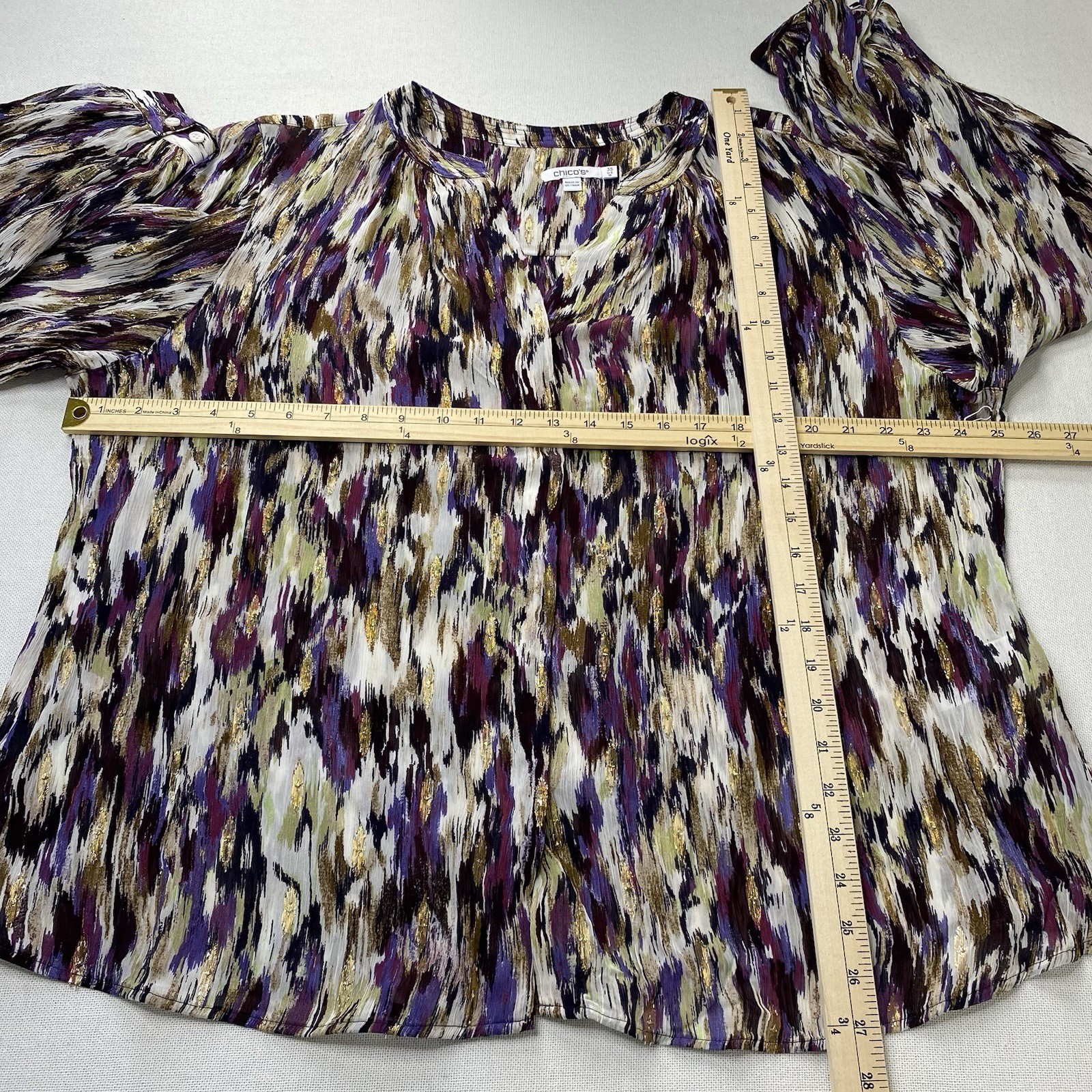 Chicos Purple Metallic Button Up Shirt Crinkled Semi-sheer Lightweight Sz 3.5/18