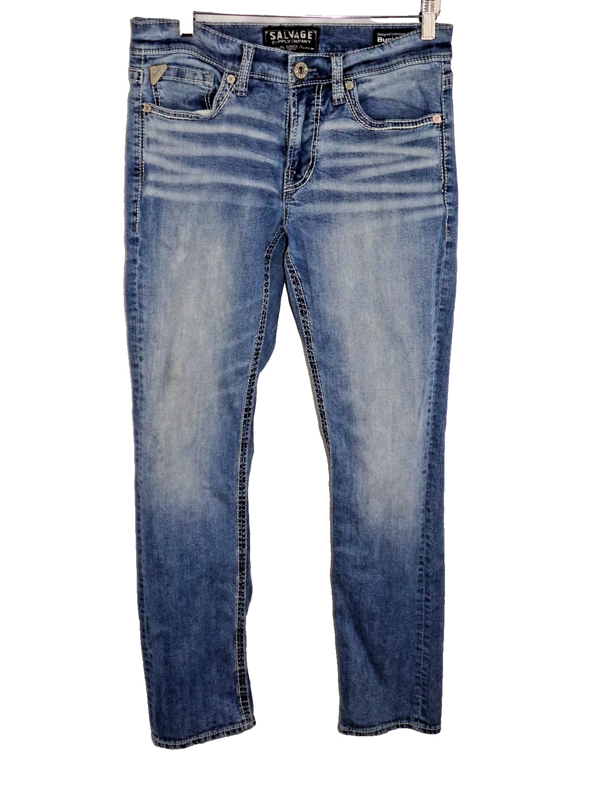 Salvage Supply Co Mayhem Straight Jeans Mens 30×32 Buckle Blue Distressed Denim