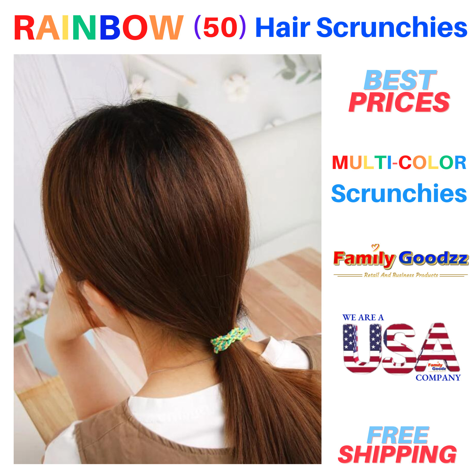 🌈 50 PCS Ponytail Holder Hair Ties Elastic Hair Rainbow Scrunchies, Band Rope