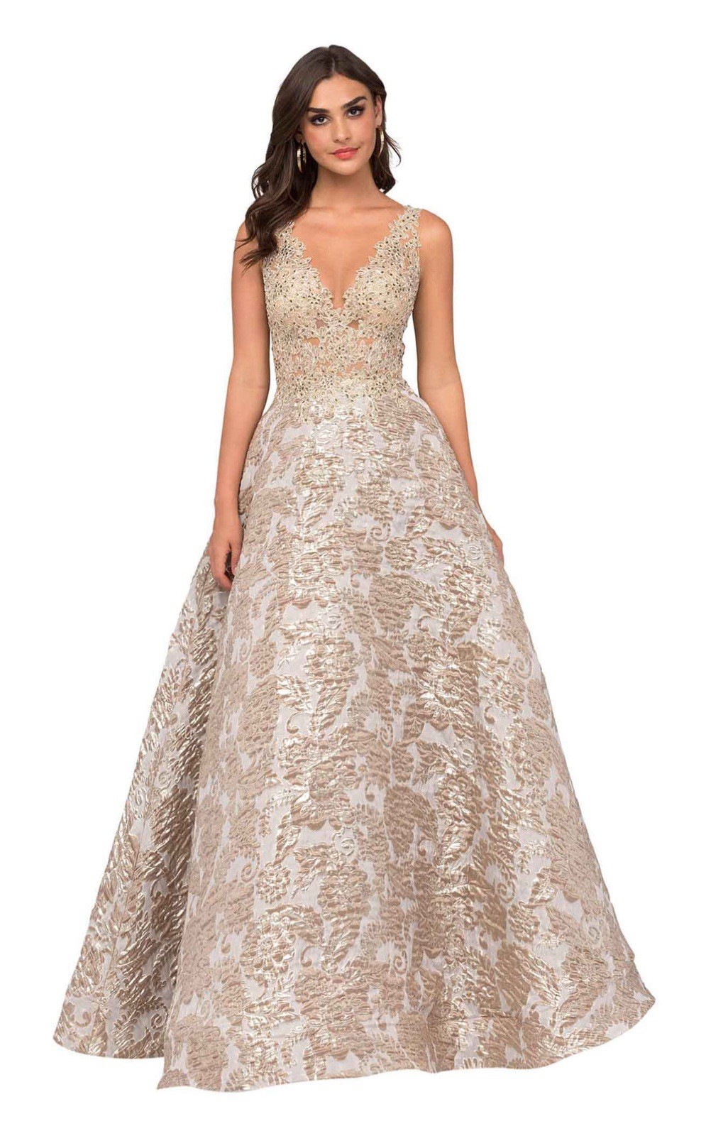 Cecilia Couture Champagne Gold Brocade Ball Gown Beaded Formal Dress 12