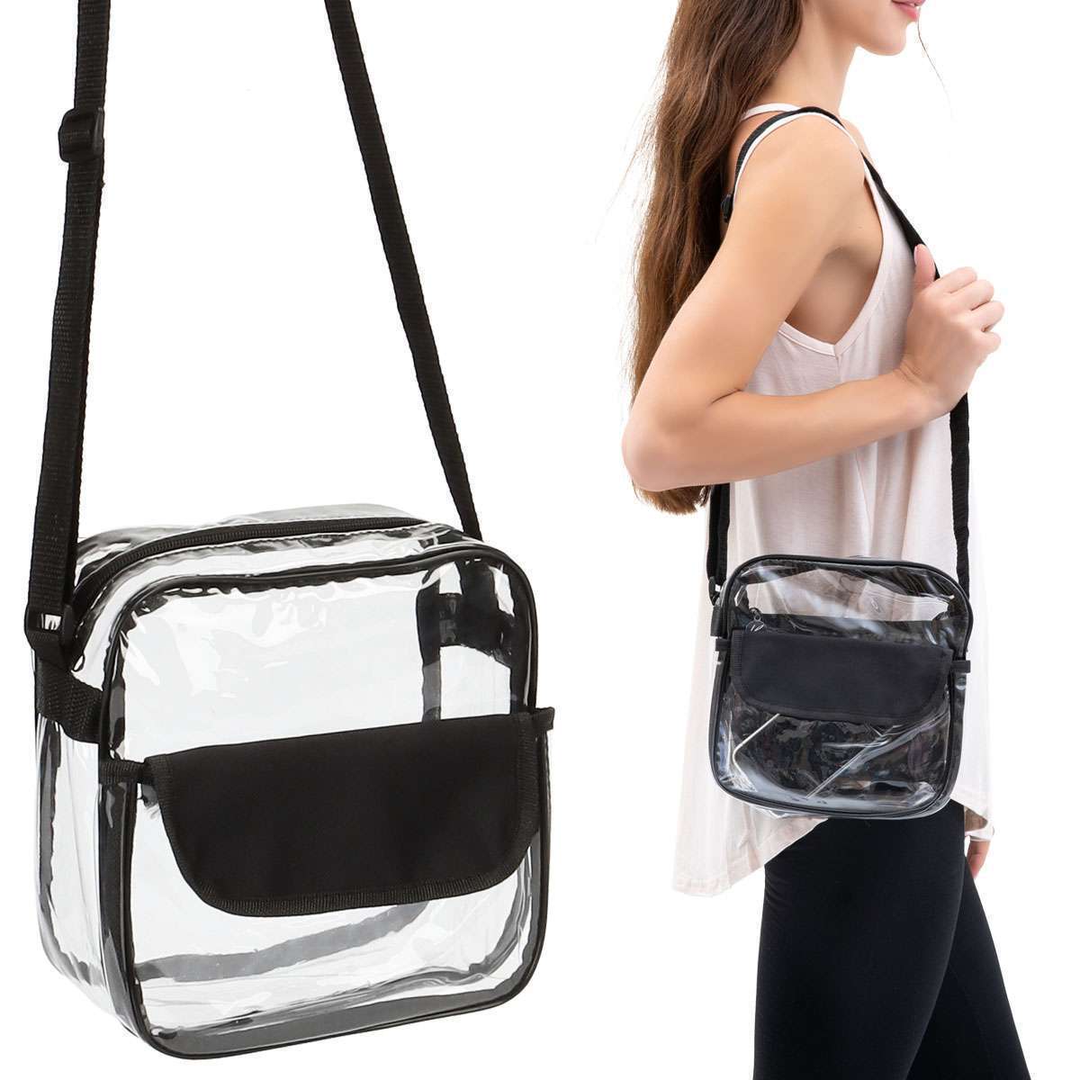 Clear USB Tote Bag PVC Zipper Stadium Approved Shoulder Handbag Purse Chest