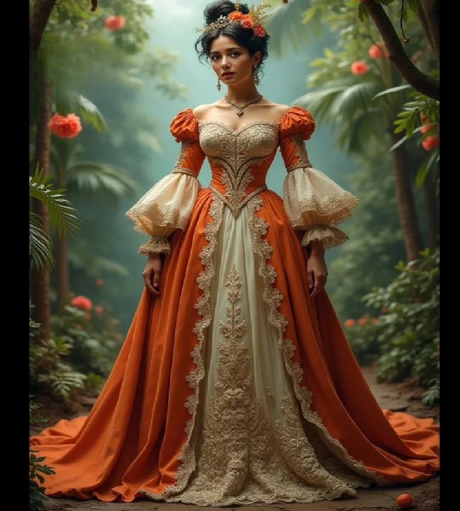 Orange Victorian Lace Ball Gown Renaissance Puff Sleeve Costume Dress With Train