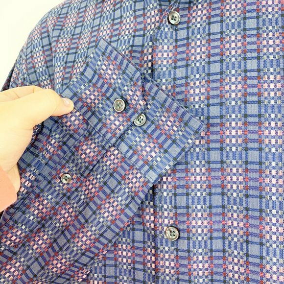Tasso Elba Button Down Shirt Men Medium Blue Plaid Long Sleeve Cotton Casual