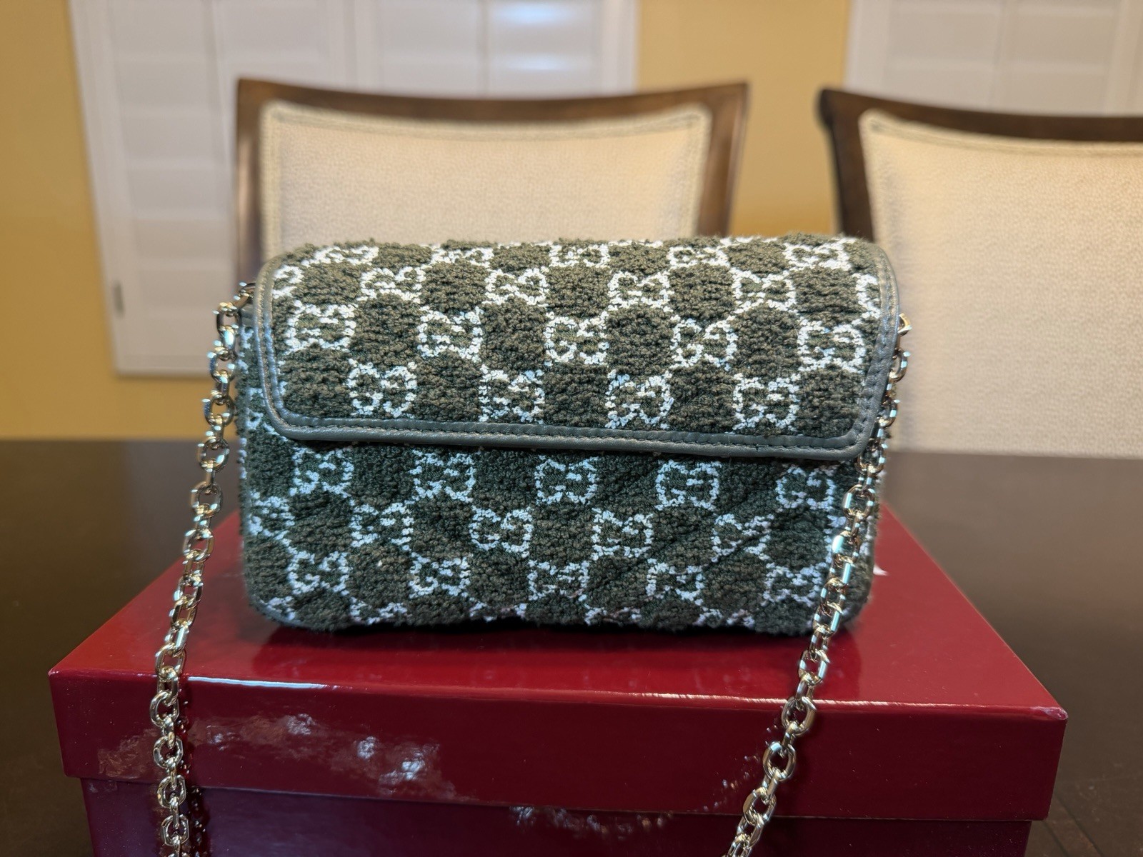 New Authentic Gucci GG Marmont Tweed Logo Shoulder Bag Mini Green
