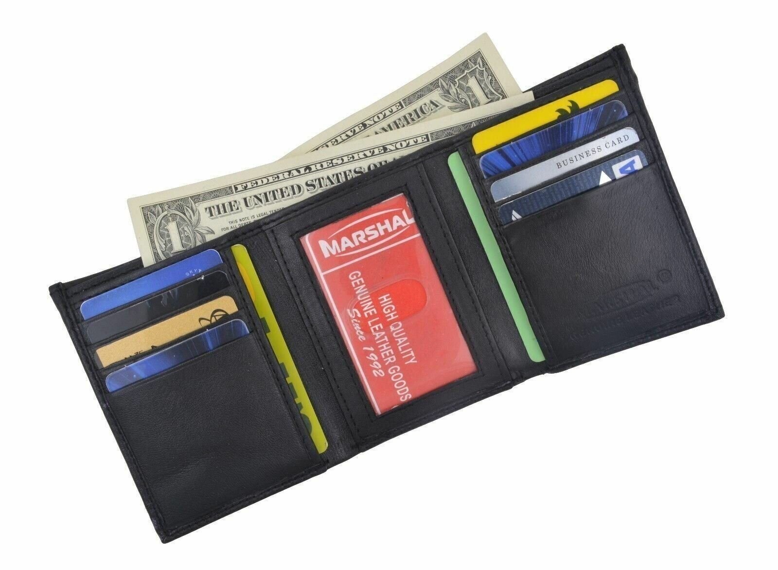 Men’s Genuine Leather Trifold Wallet Black 8 Credit Card slots ID window