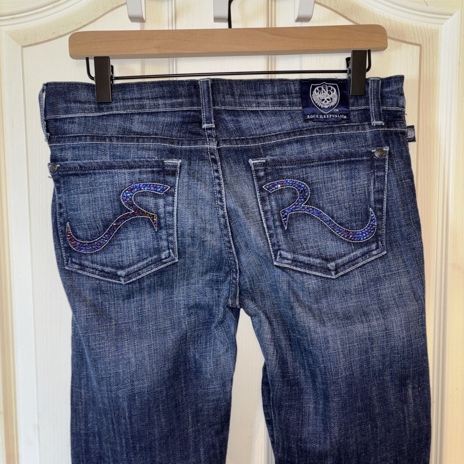 Vintage Rock & Republic Dark Blue Embellished Flare Jeans Women’s Size 29