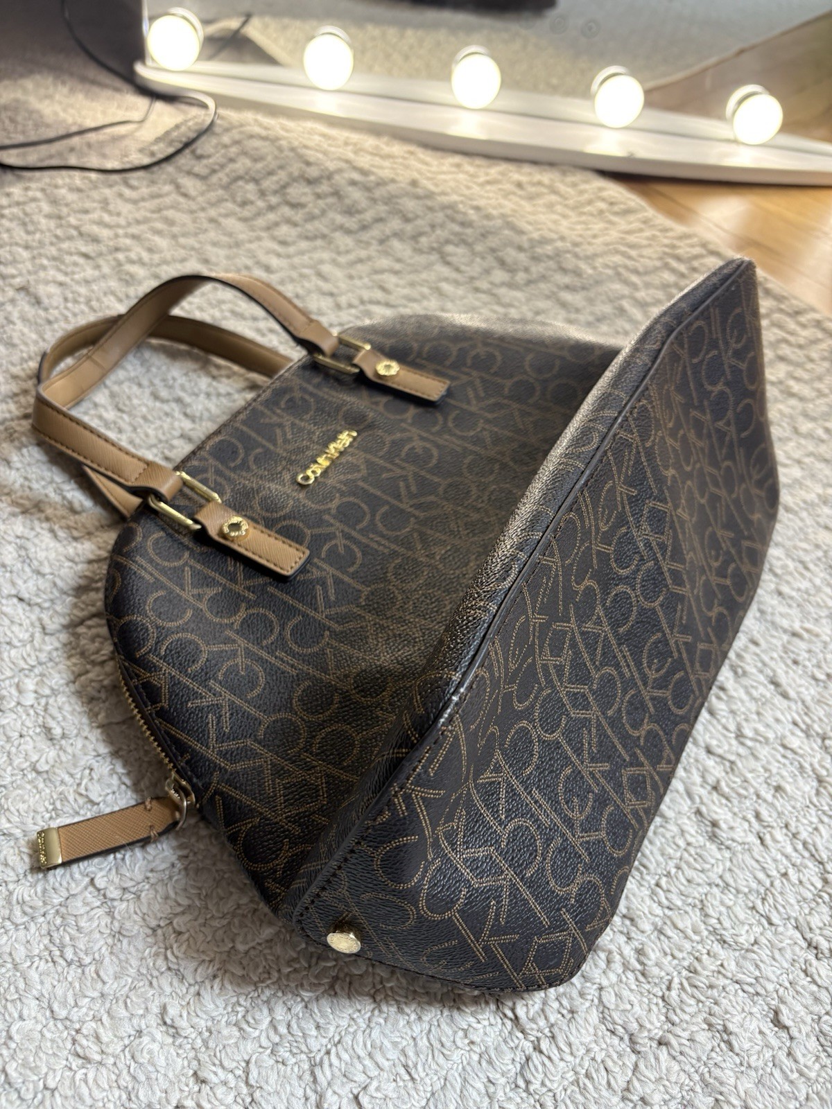 Calvin Klein CK Monogram Zip Satchel Top Handle Brown/Beige
